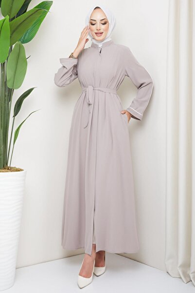 hafsamina Belted Hidden Placket Abaya Mink HM2178