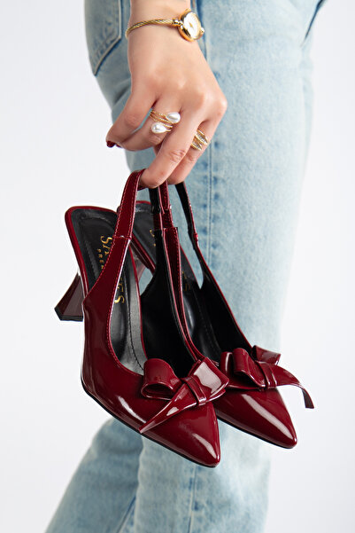 sv savves Bordo Rugan Fiyonk Detaylı Arkası Açık İnce Topuklu Ayakkabı