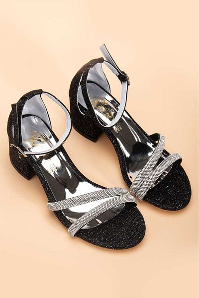 Afacan Bücür Girl's Black Çipa 2 Row Stone Summer Evening Dress Shoes