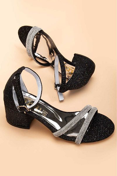 Afacan Bücür Girl's Black Çipa 2 Row Stone Summer Evening Dress Shoes