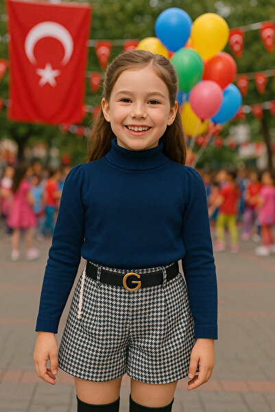 Hilal Akıncı Kids Tricotaj pentru fete Pulover Houndstooth Model Pantaloni scurți Curea Sosete negre Set de 4