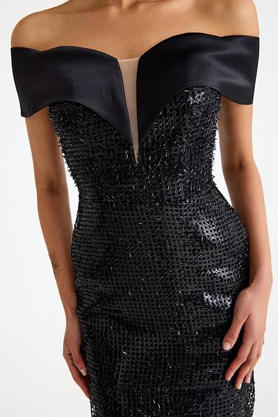 SpringStore Black Strapless Beaded Evening Dress
