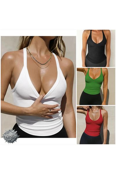 KİM Kİ O Women's V-Neck Knit Tank Top Solid Color Slim Fit White Set of 4 Multix