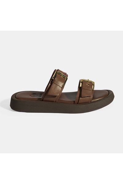 Desa Brown Women's Leather Slippers with Buckle Detail