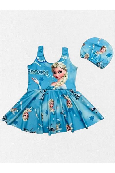 Fil Kids Girl's Blue Skirt Swimsuit Frozen Patterned Ruffled Close Woven Quick Dry Stretchy Boned Swimwear