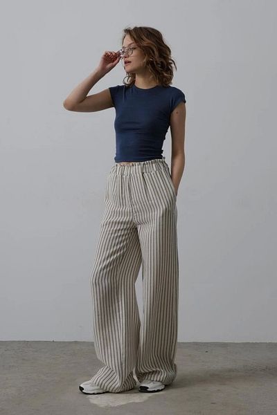 BEBA Striped Cotton Elastic Trousers - Beige-Navy Blue