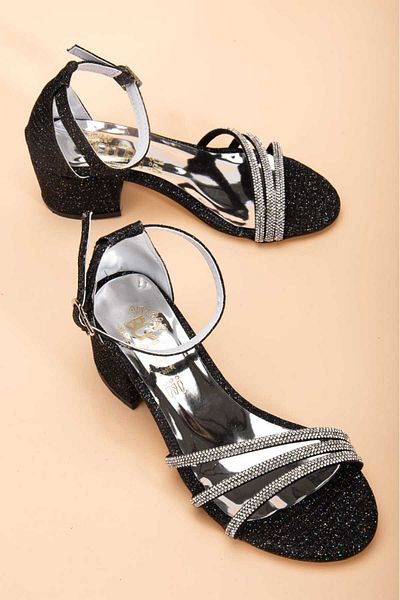 Afacan Bücür Girl's Black Çipa 3 Row Stone Summer Evening Dress Shoes