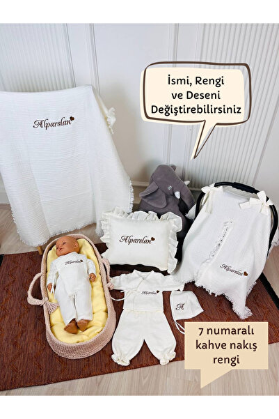 KARSU TASARIM İsme Özel %100 Pamuk Hastane Çıkış Seti Ve Puset Örtüsü