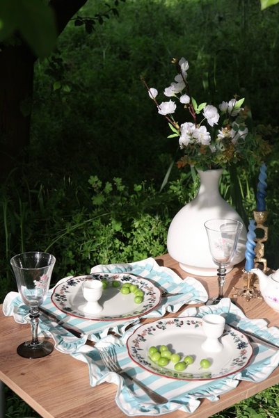 vintagetasarım American Service Green Striped Ruffled Vintage 2 Pcs Duck Linen