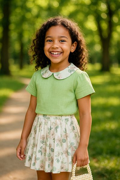 Hilal Akıncı Kids Floral patterned linen fabric pleated skirt set