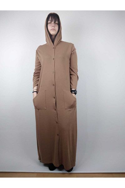 YAŞAR TRİKO Women's Caramel Buttoned Hooded Long Sleeve Double Pocket Long Seasonal Cap Overcoat