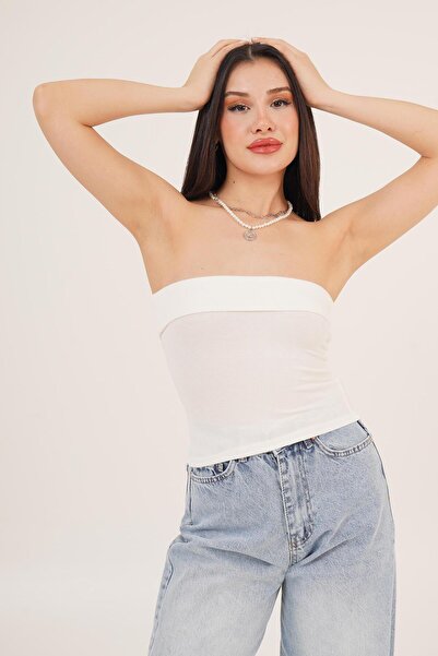 Hipo Trend Біла блузка без бретелей з деталями на верхній частині