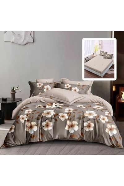Pucioasa Lenjerie de pat din finet cu elastic, cearceaf pilota 200x220cm, 6 piese, flori Crem/Maro