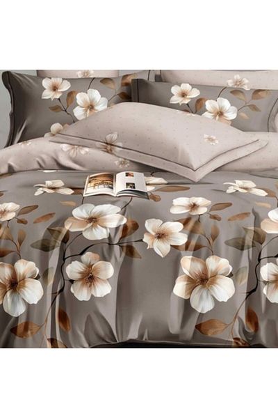 Pucioasa Lenjerie de pat din finet cu elastic, cearceaf pilota 200x220cm, 6 piese, flori Crem/Maro