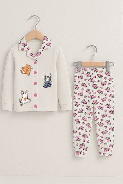 peki baby&kids Well Girls Cotton Heart Patterned Climbing Funny Cats Printed Front Buttoned Pajamas Set 18959