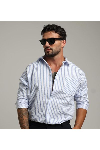 King Brothers Λευκό μπλε ριγέ πουκάμισο oversize - με τσέπες και κουμπιά