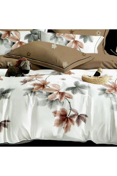 Pucioasa Lenjerie de pat din finet cu elastic, cearceaf pilota 200x220cm, 6 piese, Frunze maro/gri