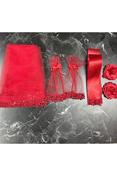 HÜLYA HEDİYELİK Su Yolu Taşlı Pullu Duvak Seti(2 Kına Eldiveni,2 El Gülü,1 Du...