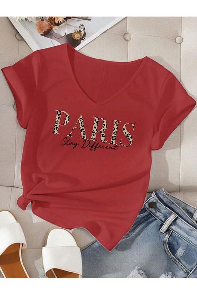 FAVORİST V-Neck Mix Printed Women's Tshirt