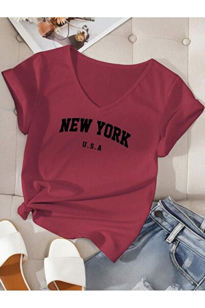 FAVORİST V YAKA MİX BASKILI KADIN TSHİRT