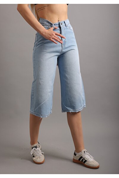 AREF JEANS Mavi Bol Kesim Rahat Jean Kot Salaş Kadın Diz Altı Şort