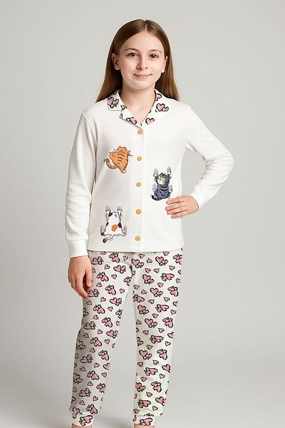peki baby&kids Well Girls Cotton Heart Patterned Climbing Funny Cats Printed Front Buttoned Pajamas Set 18959