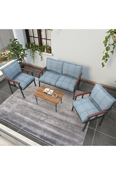 Mygusi Modern Serisi Balkon, Bahçe, Cafe - Metal Kanepe Koltuk Takımı - 2+1+1 Sehpalı - Turkuaz