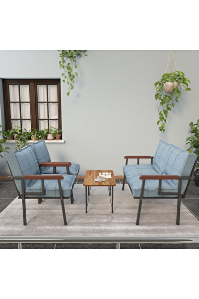 Mygusi Modern Serisi Balkon, Bahçe, Cafe - Metal Kanepe Koltuk Takımı - 2+1+1 Sehpalı - Turkuaz