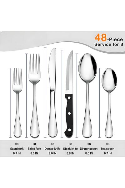 COOYA 48 Pcs Flatware Set, Stainless Steel Spoons Forks Knives For Home Kitchen, Dishwasher Safe, Silver