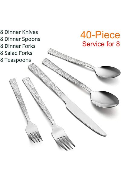 COOYA Hammered Silverware Set, 40Pcs Stainless Steel Square Flatware Set for 8, Dishwasher Safe