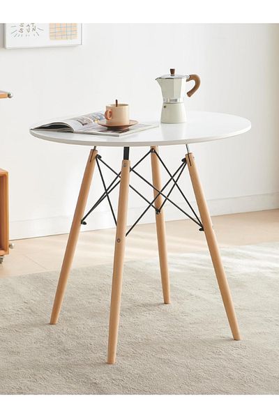 Orient Modern Side Table Round Dining Table – White Top with Wooden Legs | 70x76cm