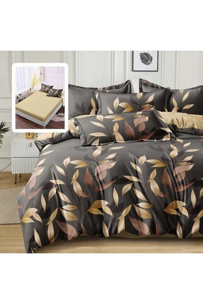 Pucioasa Lenjerie de pat din finet cu elastic, cearceaf pilota 200 x 220 cm, 6 piese, Frunze bej