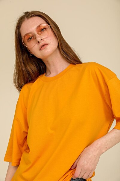 GUARAZ Γυναικείο μπλουζάκι Oversize Yellow Crew Neck με χοντρή υφή 100% βαμβα...