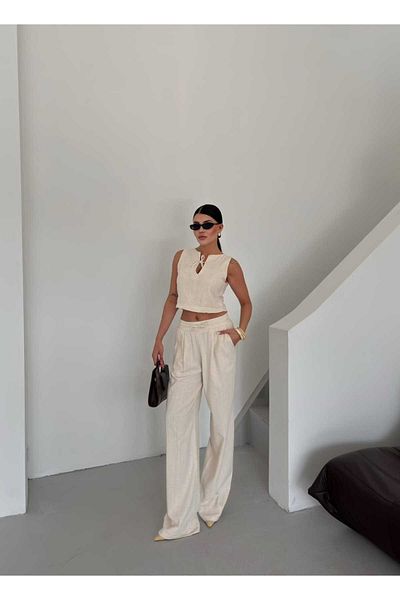 butik derin Linen Shirt Jacket Pants Women's Set Stone