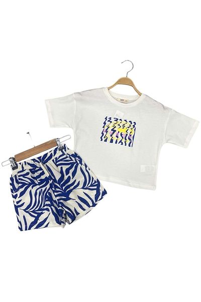 wakawakakidsstore Set pentru fete crop top alb cu model și pantaloni scurți albaștri cu imprimeu frunze - Saks