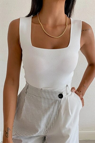 meday Clothing Γυναικεία πλεκτή μπλούζα με τετράγωνο λαιμό χοντρό λουράκι