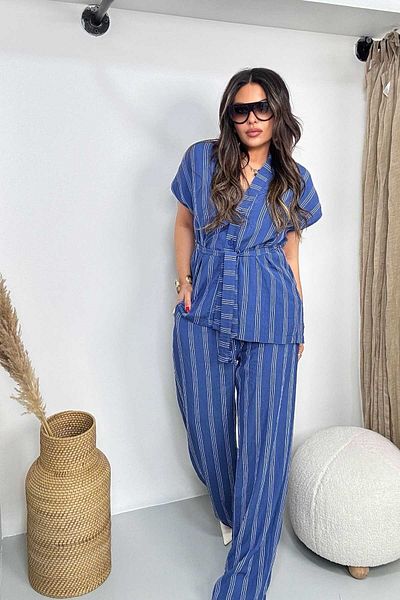 Sohotique By P Striped Belted Crinkled Viscose Suit Blue