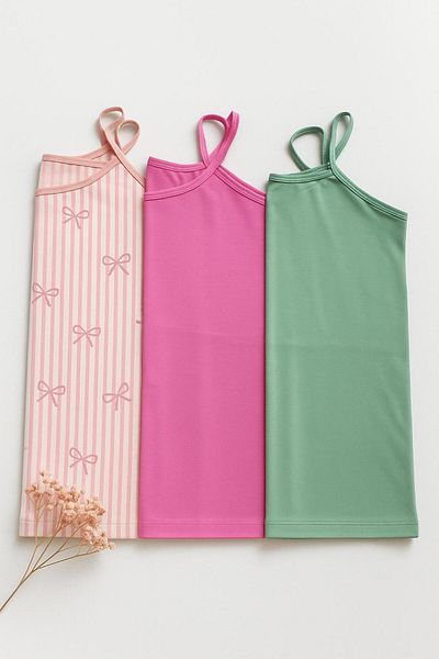 MODA 3-Piece Women's Thin Strap Tank Top Set – Bow Patterned Pink, Fuchsia, Green