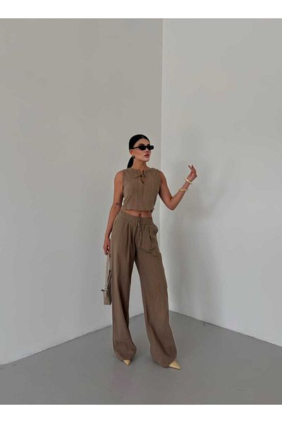 butik derin Linen Shirt Jacket Pants Women's Set Stone
