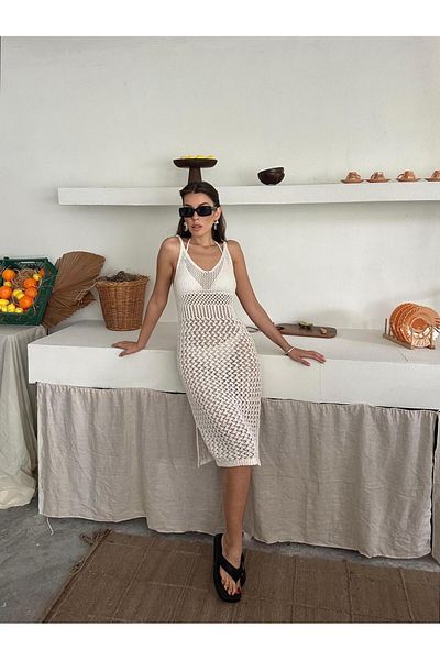 Serenay Atelier Γυναικείο πλεκτό φόρεμα παραλίας με λουράκι με διάτρητο σχέδιο V λαιμόκοψη μίντι μήκους 100% βαμβάκι