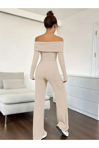 etol textile Women's Long Sleeve Madonna Collar Ribboned Camisole Jumpsuit