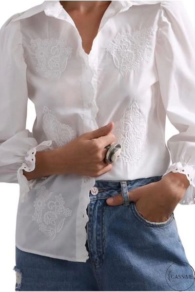 Cassime Women's White Cotton Embroidery Detailed Shirt