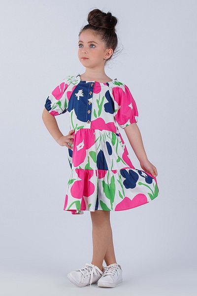 wakawakakidsstore Floral Patterned Gathered Short Sleeve Folded Girl's Dress - Fuji