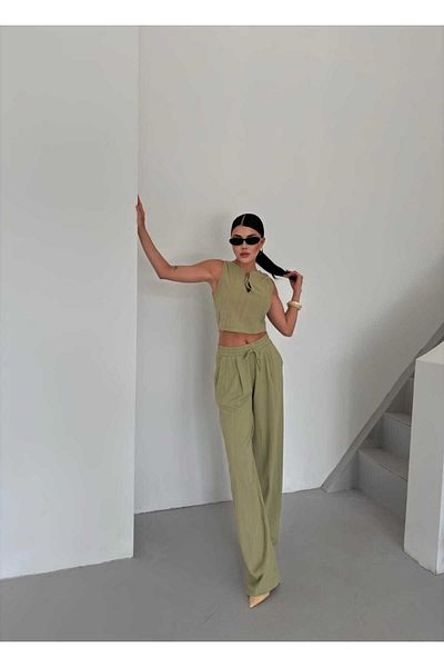 butik derin Linen Shirt Jacket Pants Women's Set Stone
