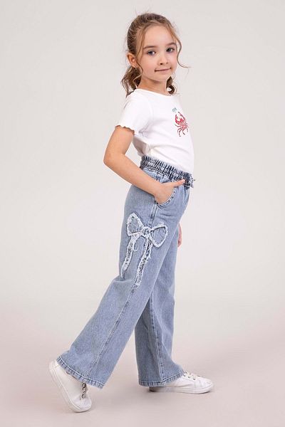 wakawakakidsstore Pantaloni de blugi pentru fete, albastru deschis, cu picioare largi, cu detaliu de fundita
