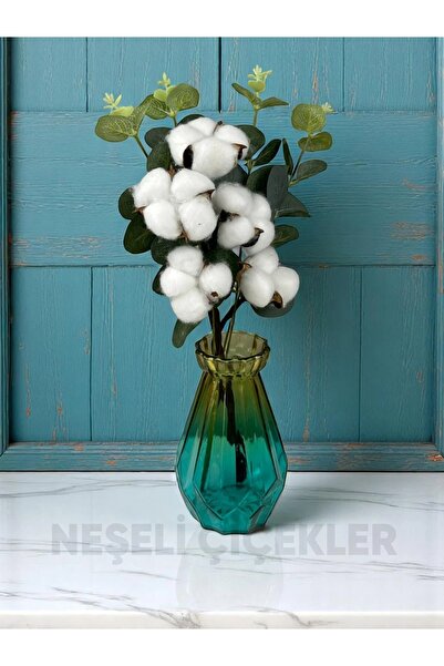 NEŞELİ ÇİÇEKLER Doğal Pamuk Dalı Okaliptus Dekoratif Vazoda Çiçek Minimal Mas...