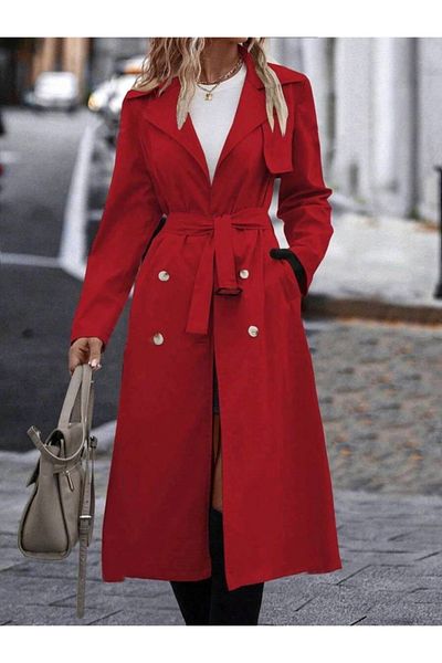 Cbm Women's Long Sleeve Collared Front Buttoned Belted Waist Midi Gabardine Trench Coat