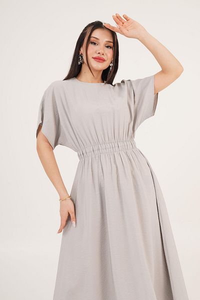 Hipo Trend A-Line Short Sleeve Gray Long Dress with Elastic Waist