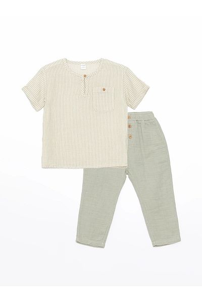 LC Waikiki Lcw Kids Ecru Crew Neck Short Sleeve Basic Baby Boy Shirt and Pants Set of 2