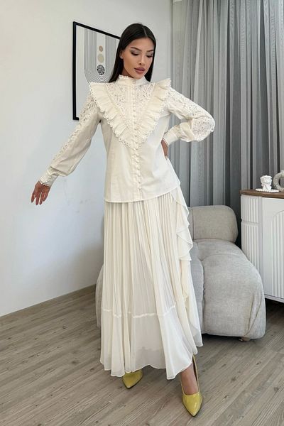 lodmela Lace Detailed Blouse Pleated Chiffon Skirt Double Set 4706-White
